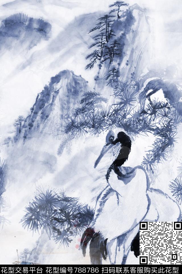 山水鹤2.jpg - 788786 - 山水画 中国风 动物 - 数码印花花型 － 女装花型设计 － 瓦栏