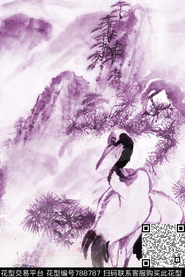 山水鹤3.jpg - 788787 - 山水画 中国风 动物 - 数码印花花型 － 女装花型设计 － 瓦栏