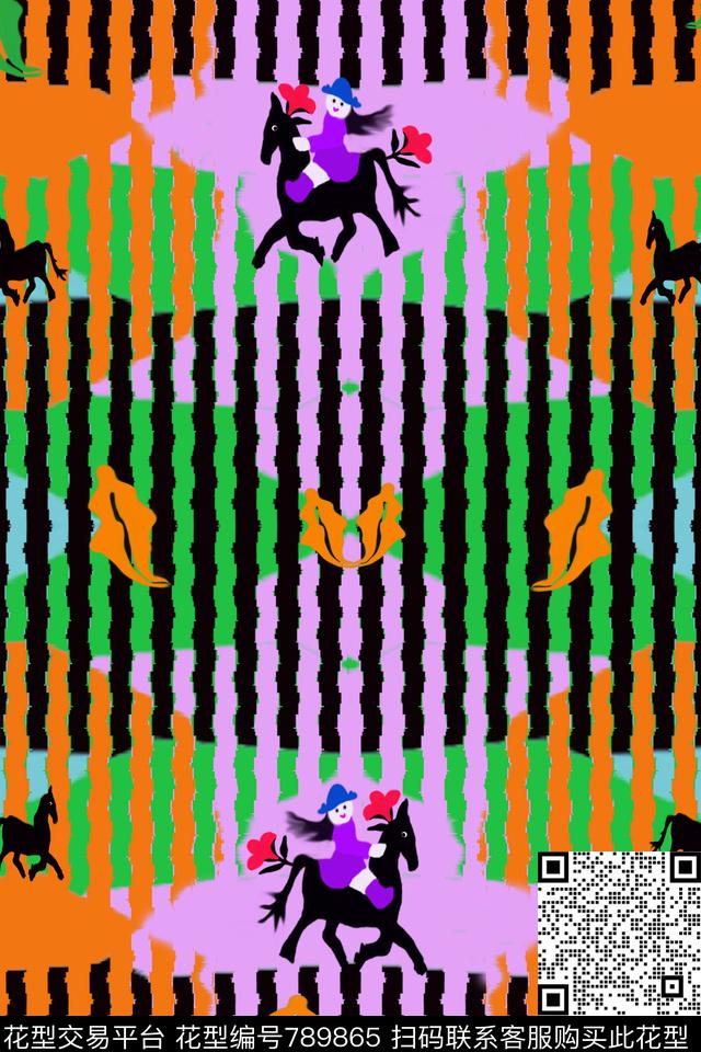 卡通欢乐马奔跑少女装a.jpg - 789865 - 手绘 马奔跑 潇洒 - 传统印花花型 － 女装花型设计 － 瓦栏