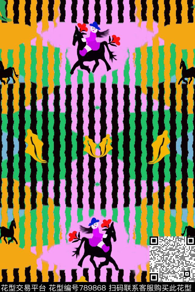 卡通欢乐马奔跑少女装d.jpg - 789868 - 手绘 马奔跑 潇洒 - 传统印花花型 － 女装花型设计 － 瓦栏