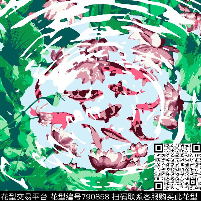 2016-7-5 liyu hehua.jpg - 790858 - 中国风 水纹 莲花 - 传统印花花型 － 方巾花型设计 － 瓦栏