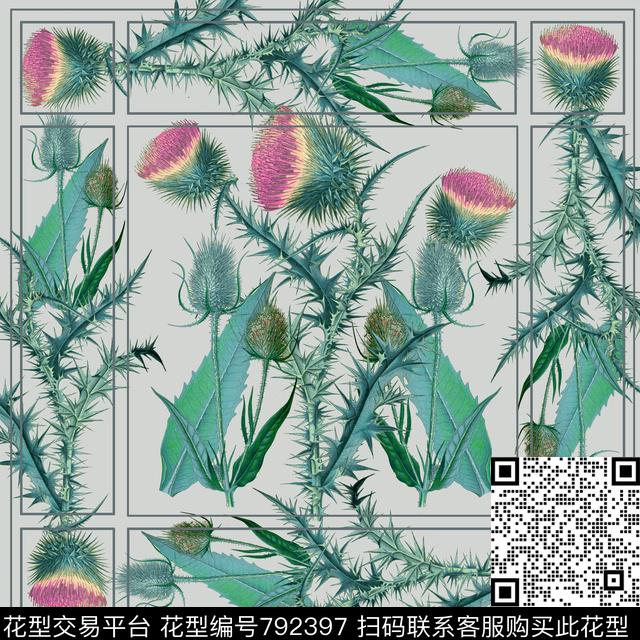 132.jpg - 792397 - 蒲公英 植物花卉 复古 - 数码印花花型 － 方巾花型设计 － 瓦栏