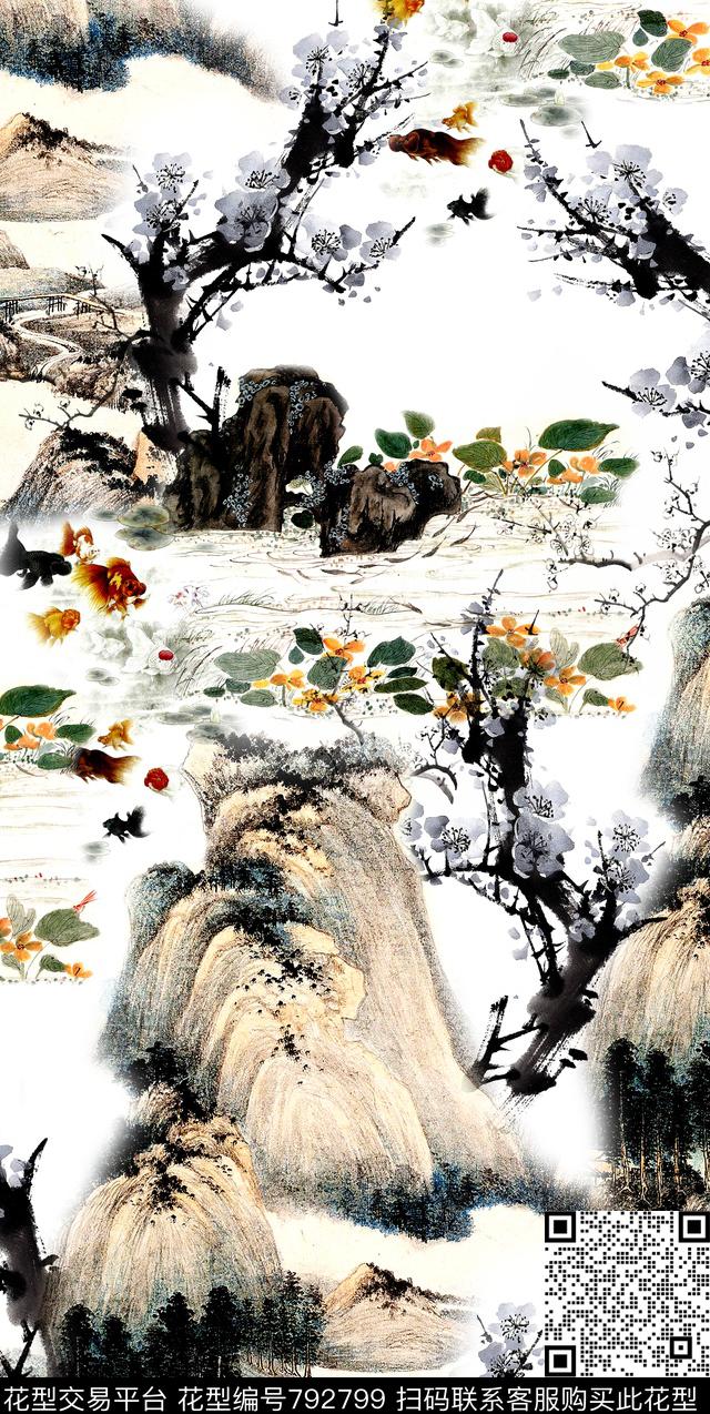 A189.jpg - 792799 - 中国风 山水 水墨 - 数码印花花型 － 女装花型设计 － 瓦栏