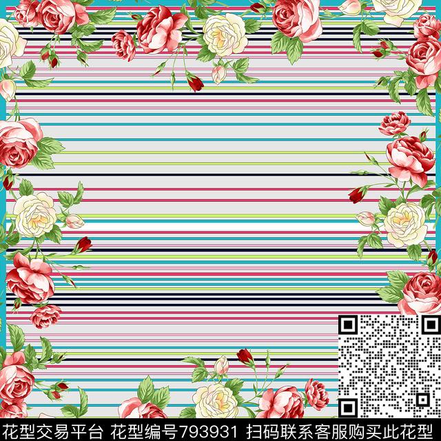 Y-17FJ05-1.tif - 793931 - 小方巾 条纹 花卉 - 传统印花花型 － 方巾花型设计 － 瓦栏