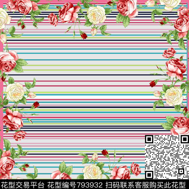 Y-17FJ05-2.tif - 793932 - 小方巾 条纹 花卉 - 传统印花花型 － 方巾花型设计 － 瓦栏