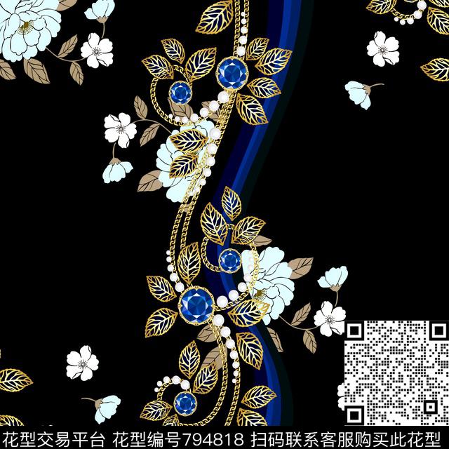 Y-17FJ06-1.tif - 794818 - 小方巾 宝石 花朵 - 数码印花花型 － 方巾花型设计 － 瓦栏