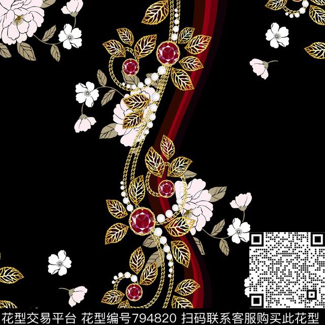 Y-17FJ06-2.tif - 794820 - 小方巾 宝石 花朵 - 数码印花花型 － 方巾花型设计 － 瓦栏