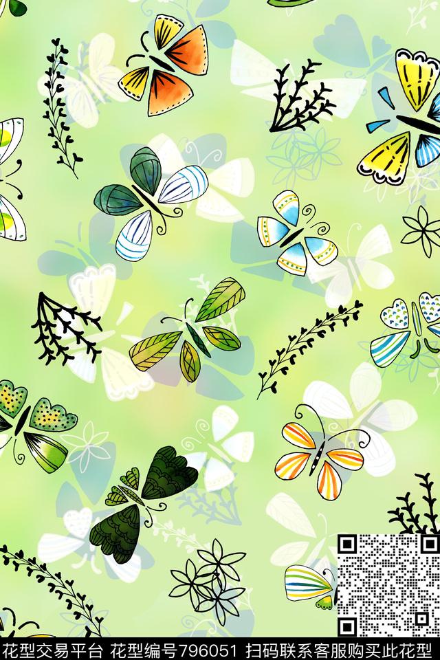 蝴蝶面料1.jpg - 796051 - 蝴蝶 卡通 趣味 - 数码印花花型 － 女装花型设计 － 瓦栏