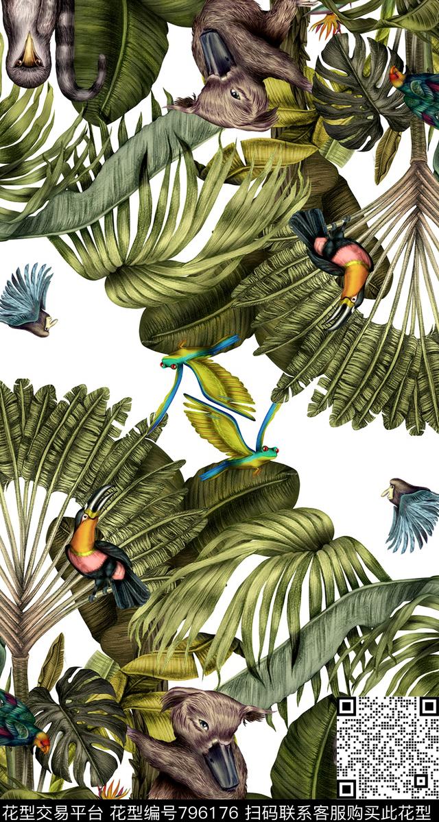独幅热带动植物.jpg - 796176 - 艺术风格 棕榈叶 热带 - 数码印花花型 － 女装花型设计 － 瓦栏