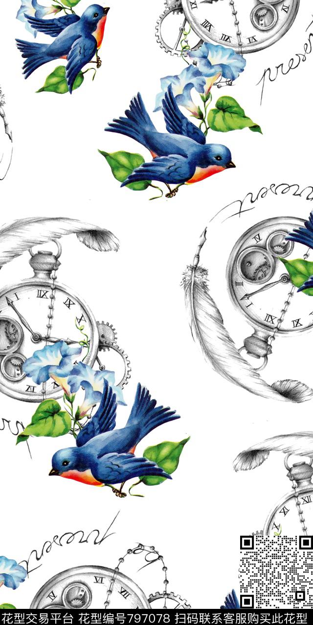 1703-29w.jpg - 797078 - 花鸟 鸟 钟表 - 数码印花花型 － 女装花型设计 － 瓦栏