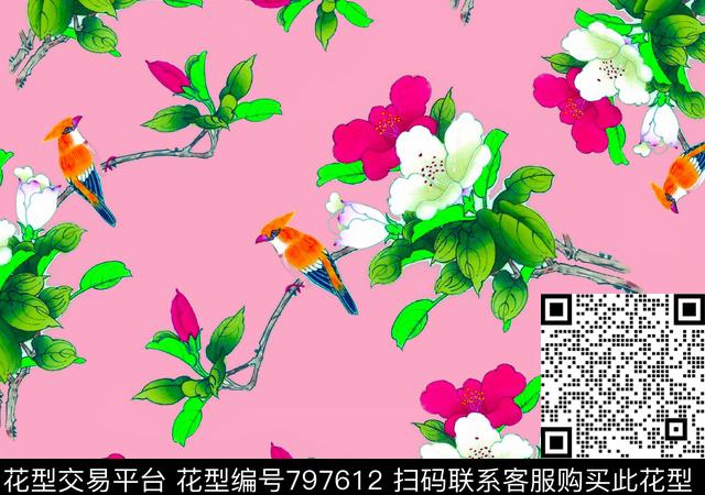 00000034.tif - 797612 - 玫瑰 花瓣 小鸟 - 数码印花花型 － 女装花型设计 － 瓦栏