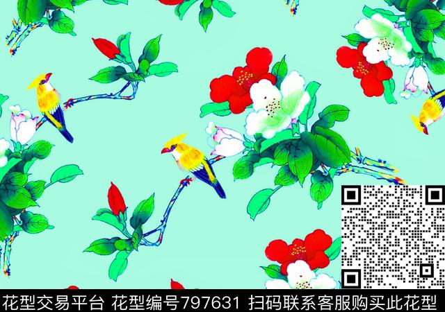 00000034b.tif - 797631 - 玫瑰 花瓣 小鸟 - 数码印花花型 － 女装花型设计 － 瓦栏