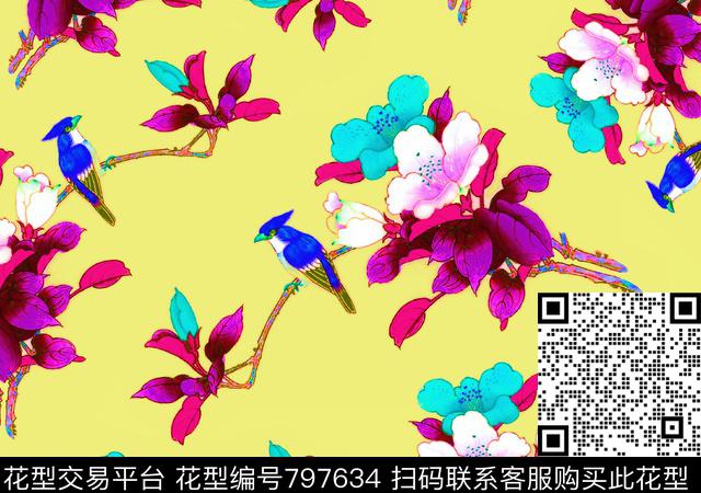 00000034c.tif - 797634 - 玫瑰 花瓣 小鸟 - 数码印花花型 － 女装花型设计 － 瓦栏