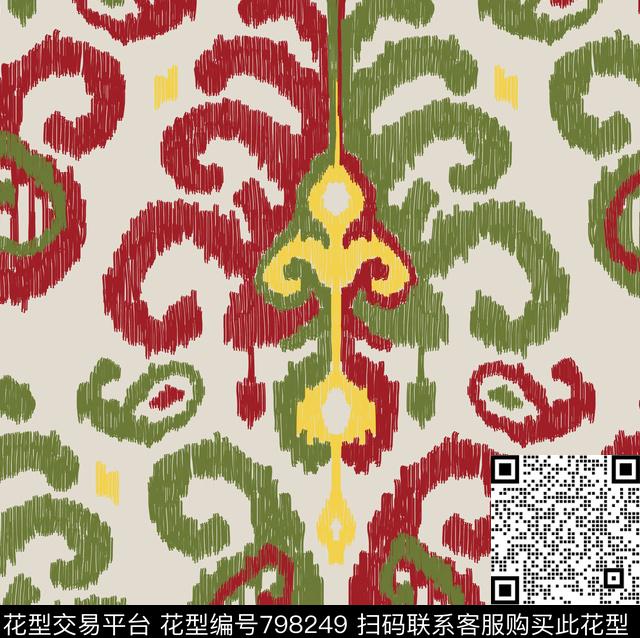 瓦栏47.jpg - 798249 - 民族 手绘 机理 - 传统印花花型 － 沙发布花型设计 － 瓦栏