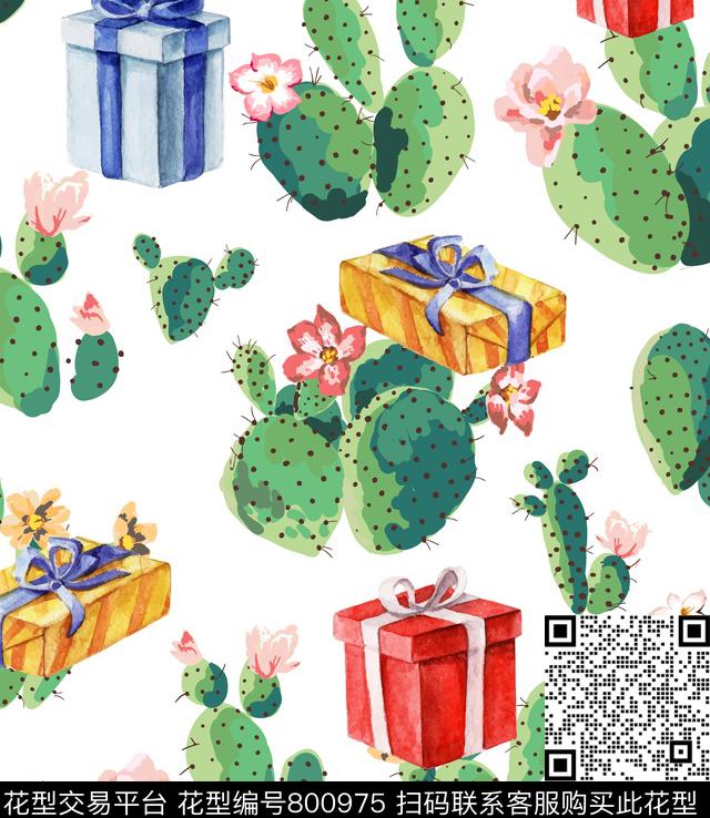礼物盒与仙人掌花.jpg - 800975 - 水仙花 仙人掌 礼物盒 - 数码印花花型 － 女装花型设计 － 瓦栏