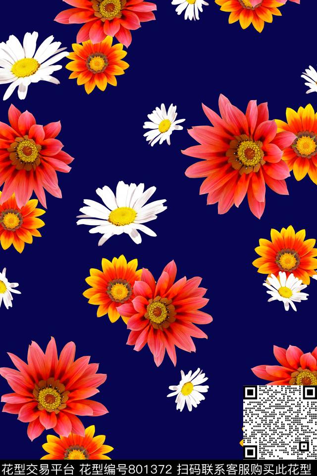 菊花—深蓝.jpg - 801372 - 菊花 花卉 花朵 - 传统印花花型 － 女装花型设计 － 瓦栏