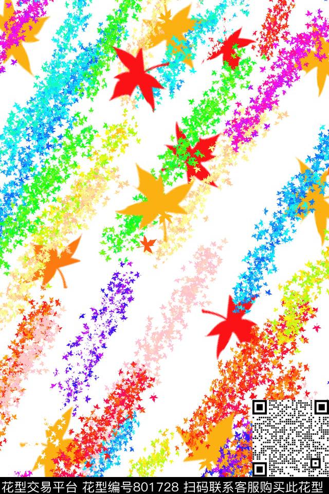 枫叶趣味_白.jpg - 801728 - 泼墨 彩虹条纹 枫叶 - 传统印花花型 － 女装花型设计 － 瓦栏
