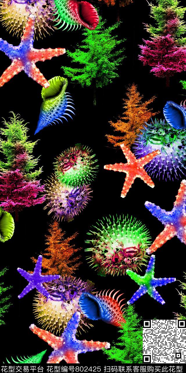 Qq17.03.04-1.jpg - 802425 - 海洋世界 海螺珊瑚 五颜六色的树 - 数码印花花型 － 女装花型设计 － 瓦栏