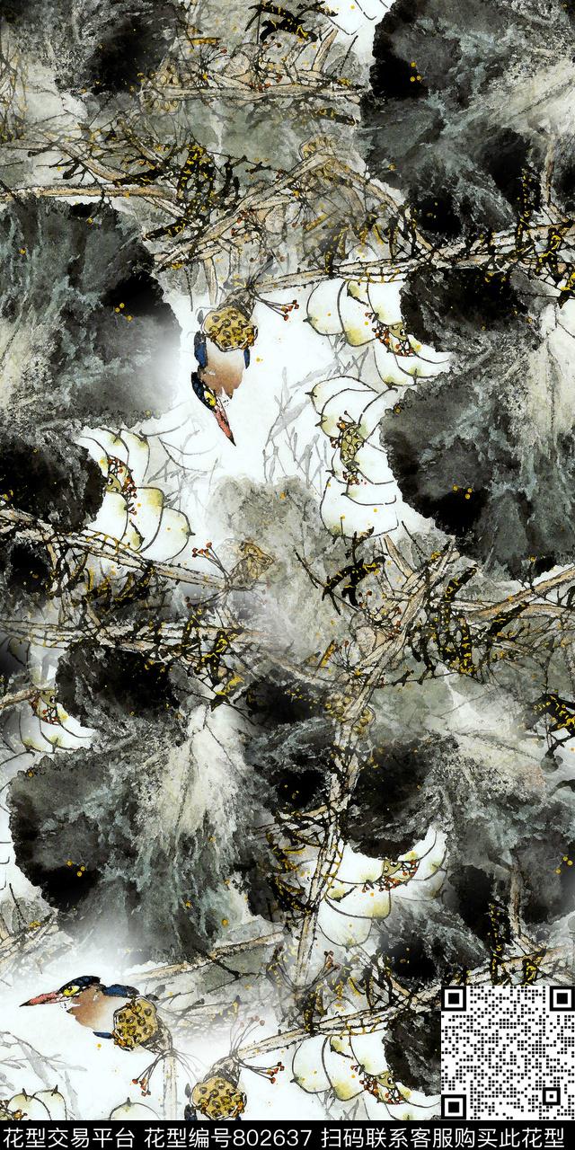 Qq17.03.12-8.jpg - 802637 - 抽象鸟 手绘荷叶 中国风 - 数码印花花型 － 女装花型设计 － 瓦栏