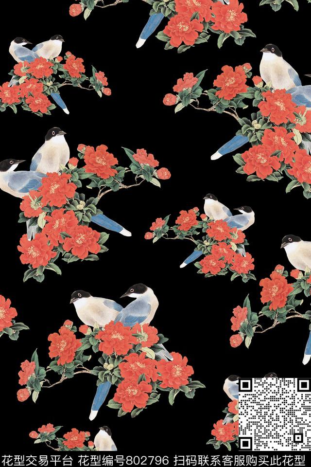 03112.jpg - 802796 - 花鸟 牡丹 喜鹊 - 数码印花花型 － 女装花型设计 － 瓦栏