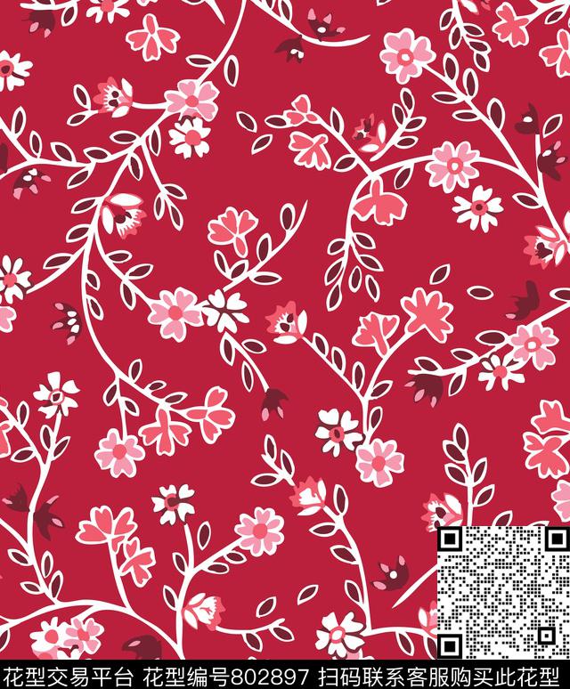 中国红梅花.jpg - 802897 - 中国风 小碎花 花朵 - 传统印花花型 － 女装花型设计 － 瓦栏