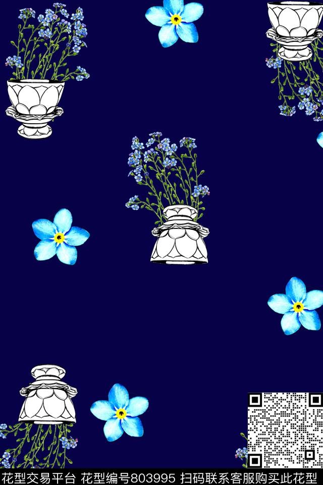杯子花_蓝.jpg - 803995 - 小碎花 花瓶 花杯子 - 传统印花花型 － 女装花型设计 － 瓦栏