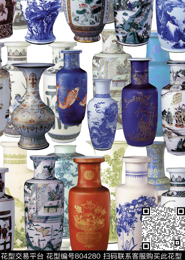 青花瓶图案.jpg - 804280 - 青花瓶 瓷器 中国风 - 数码印花花型 － 女装花型设计 － 瓦栏
