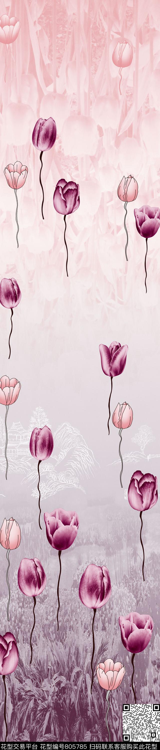 YJH170316b.jpg - 805785 - 郁金香 花卉 彩条 - 传统印花花型 － 窗帘花型设计 － 瓦栏
