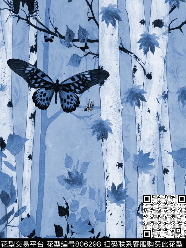 枫林2.jpg - 806298 - 树林 蝴蝶 枫叶 - 数码印花花型 － 女装花型设计 － 瓦栏