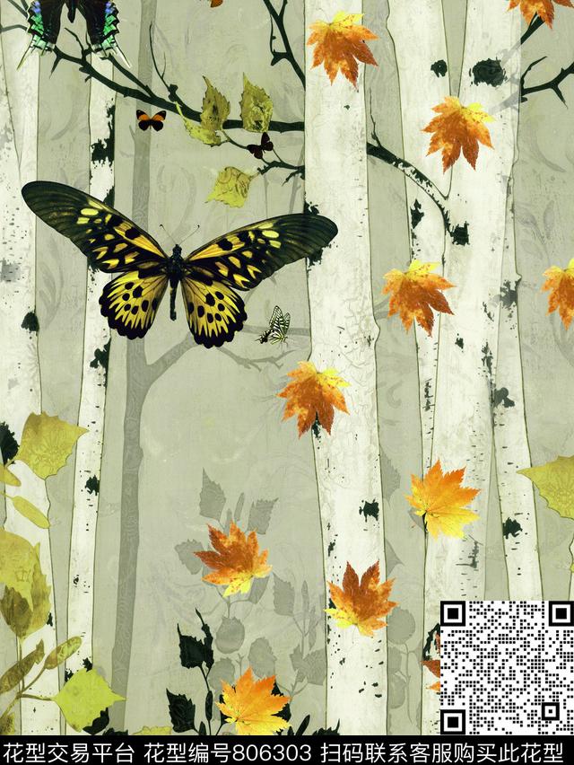 枫林4.jpg - 806303 - 树林 蝴蝶 枫叶 - 数码印花花型 － 女装花型设计 － 瓦栏