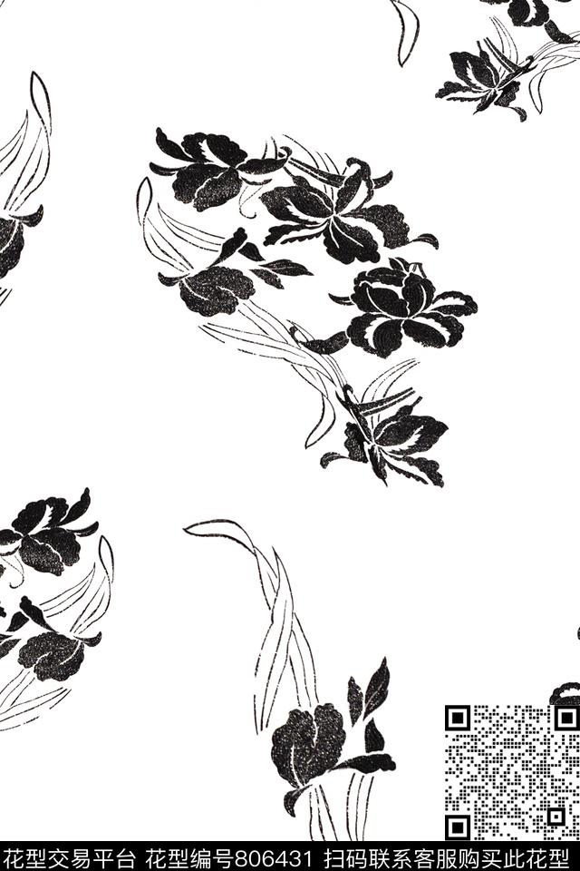 黑白花_白.jpg - 806431 - 大花 花朵 花卉 - 传统印花花型 － 女装花型设计 － 瓦栏