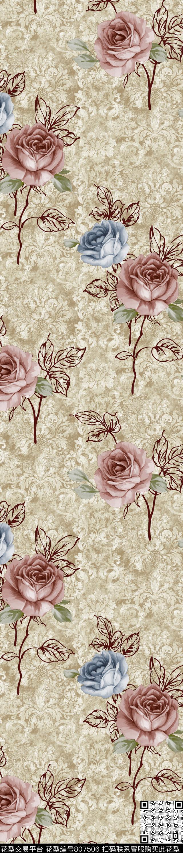 YJH170318g.jpg - 807506 - 花朵 玫瑰 花卉 - 传统印花花型 － 窗帘花型设计 － 瓦栏