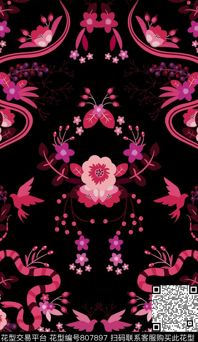 花蛇壁纸黑色.jpg - 807897 - 动物 趣味 休闲 - 传统印花花型 － 女装花型设计 － 瓦栏
