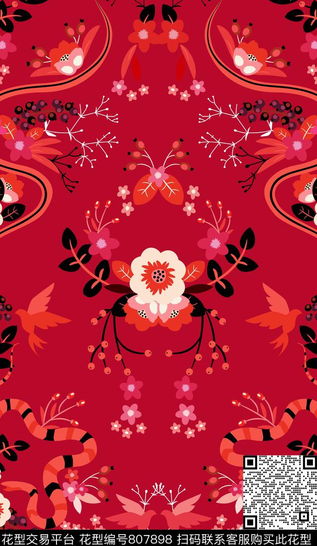 花蛇壁纸红色.jpg - 807898 - 动物 趣味 休闲 - 传统印花花型 － 女装花型设计 － 瓦栏
