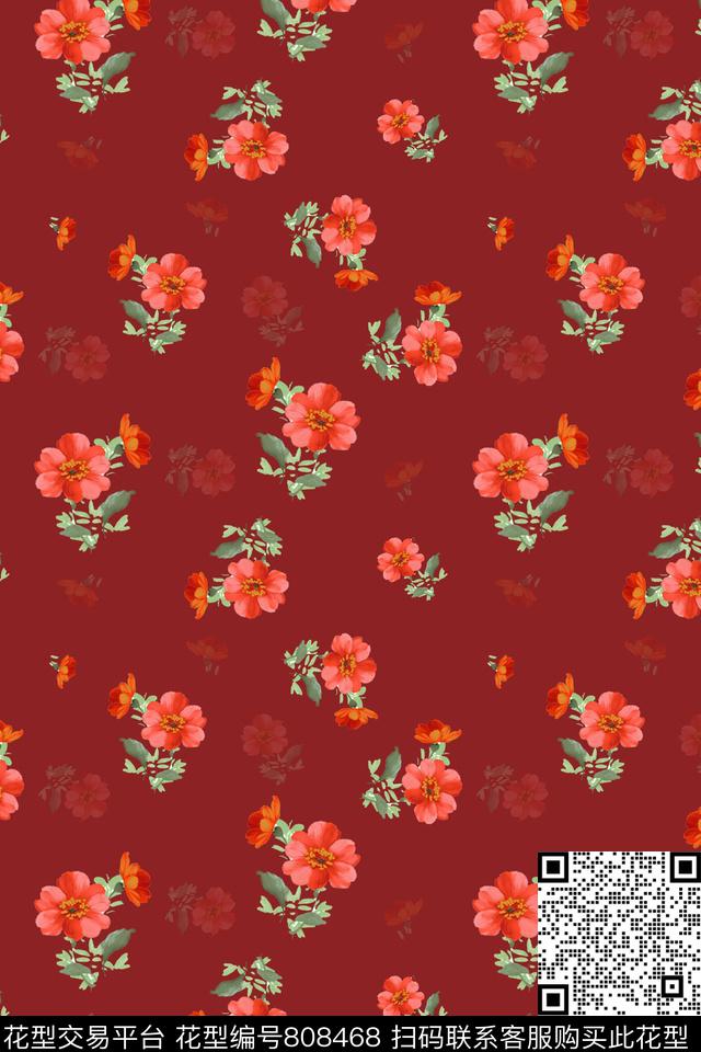 小红花-1.jpg - 808468 - 花卉 花朵 小碎花 - 传统印花花型 － 女装花型设计 － 瓦栏