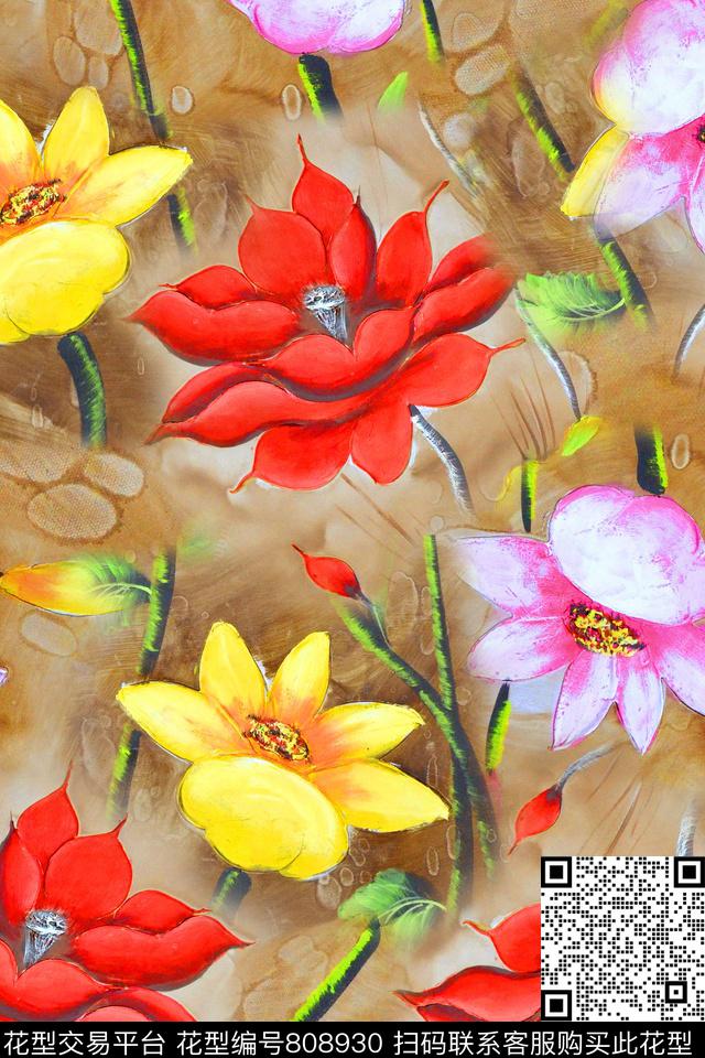 油画荷花.jpg - 808930 - 手绘 花卉 水彩 - 数码印花花型 － 女装花型设计 － 瓦栏