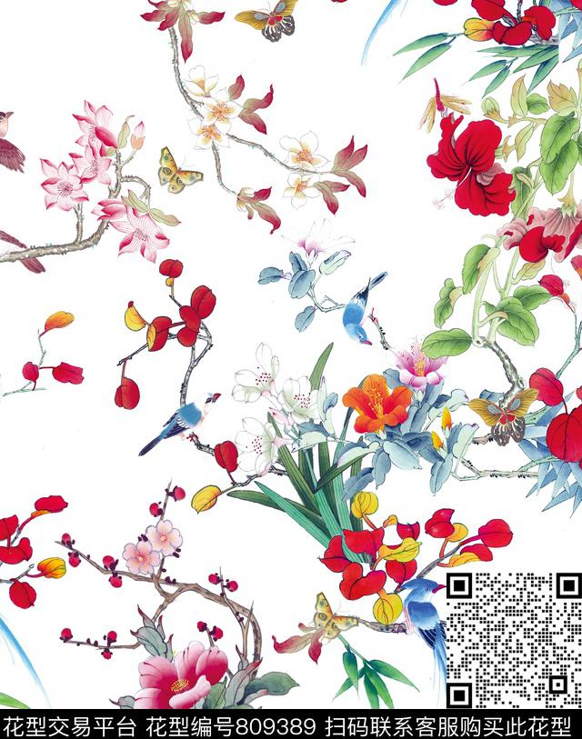 花鸟图.jpg - 809389 - 中国风 花鸟 丝巾 - 数码印花花型 － 女装花型设计 － 瓦栏