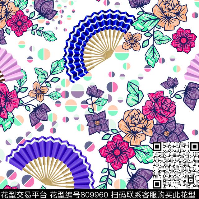 时尚手绘花与扇子.jpg - 809960 - 小碎花 花朵 花卉 - 传统印花花型 － 女装花型设计 － 瓦栏
