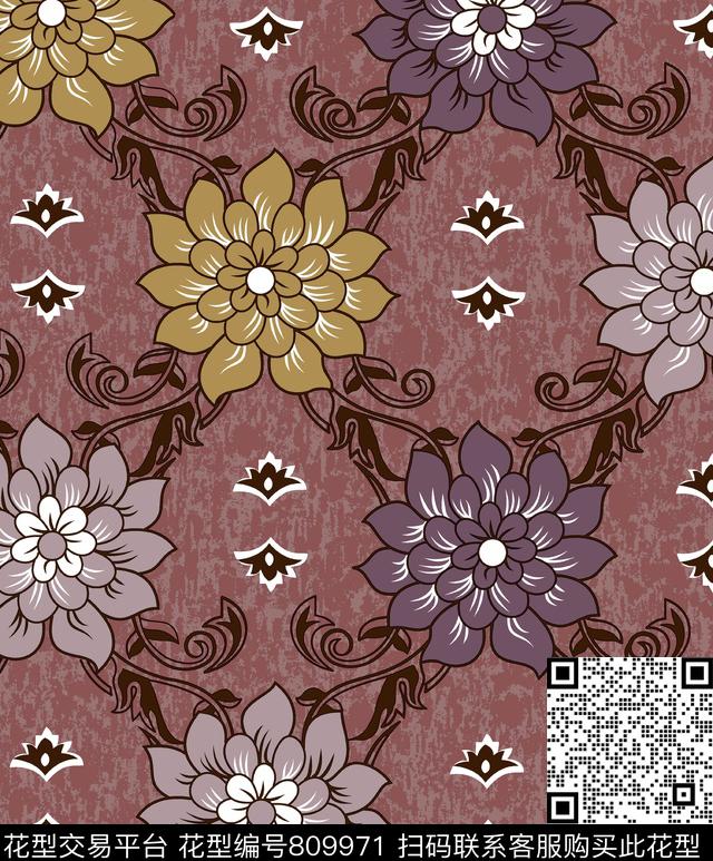 DS10869.jpg - 809971 - 花朵 床品 花卉 - 传统印花花型 － 床品花型设计 － 瓦栏