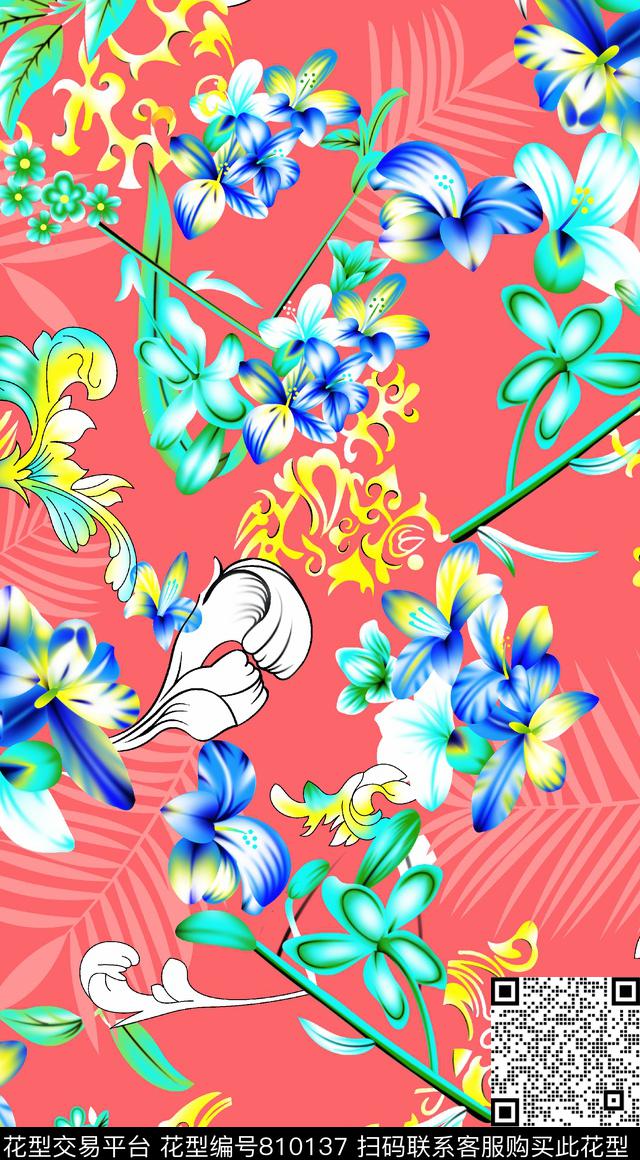 07448.tif - 810137 - 少女衣裙系列 花卉 沙滩裤 - 传统印花花型 － 泳装花型设计 － 瓦栏