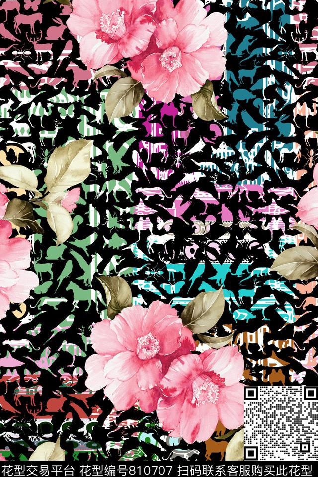 YD00070006-01.jpg - 810707 - 动物剪影 手绘花 欧式 - 数码印花花型 － 女装花型设计 － 瓦栏