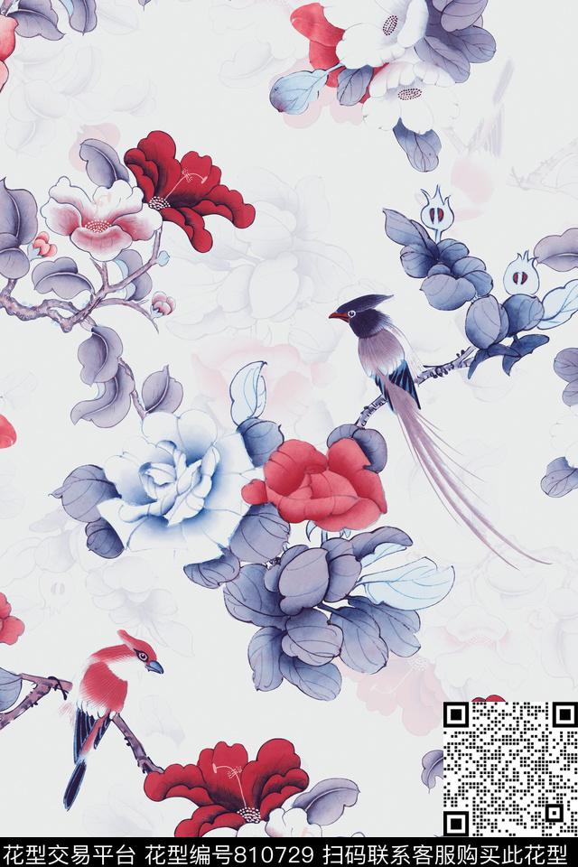 YD000700010-01.jpg - 810729 - 中国风 工笔画 花鸟 - 数码印花花型 － 女装花型设计 － 瓦栏