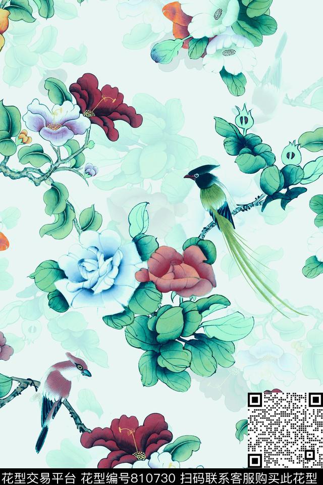 YD000700010-02.jpg - 810730 - 中国风 工笔画 花鸟 - 数码印花花型 － 女装花型设计 － 瓦栏