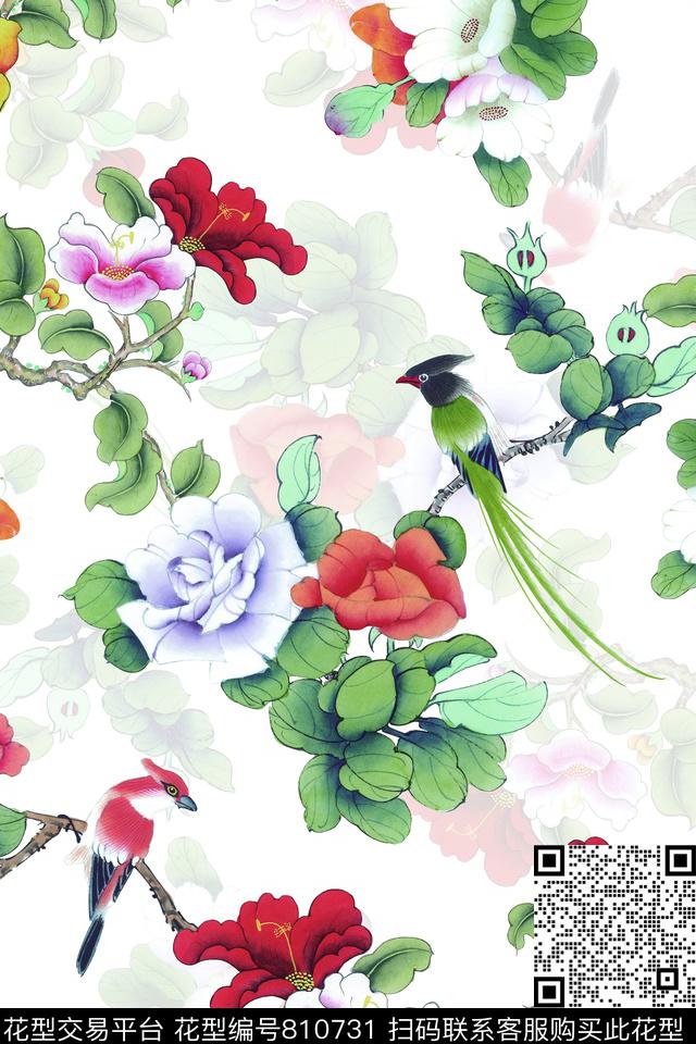 YD000700010-03.jpg - 810731 - 中国风 工笔画 花鸟 - 数码印花花型 － 女装花型设计 － 瓦栏