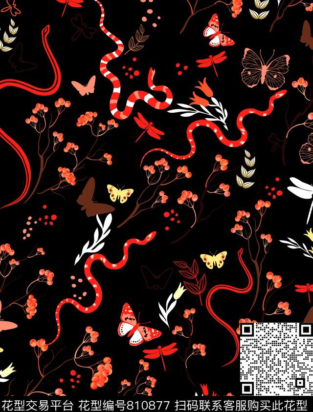 浆果与蛇回路黑色.jpg - 810877 - 蛇 动物 趣味 - 传统印花花型 － 箱包花型设计 － 瓦栏