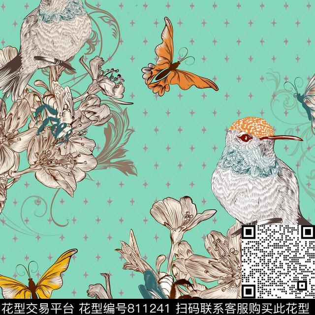 A.tif - 811241 - 天堂鸟 动物 蝴蝶 - 数码印花花型 － 女装花型设计 － 瓦栏