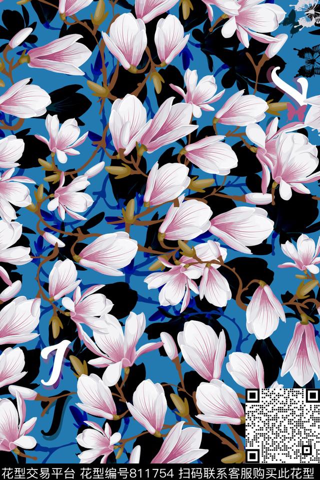 蝶恋花卉.jpg - 811754 - 花朵 花卉 兰花 - 数码印花花型 － 女装花型设计 － 瓦栏