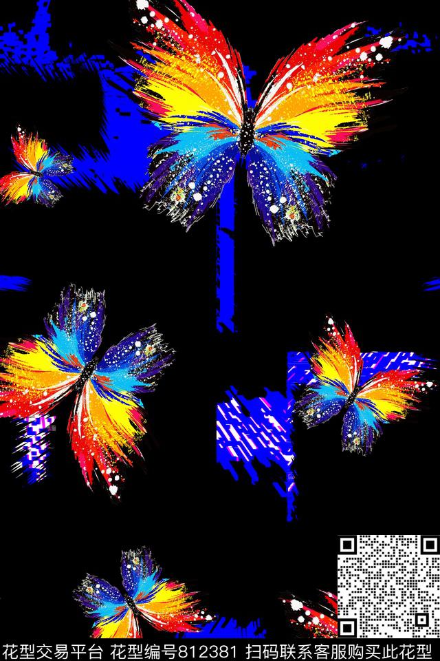 蝴蝶——蓝.jpg - 812381 - 动物 抽象纹理、 蝴蝶 - 传统印花花型 － 女装花型设计 － 瓦栏