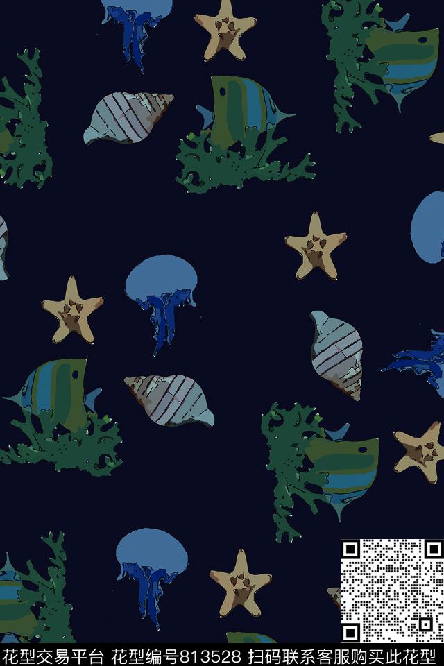 深海处1.jpg - 813528 - 海螺 贝壳 海洋生物 - 传统印花花型 － 男装花型设计 － 瓦栏