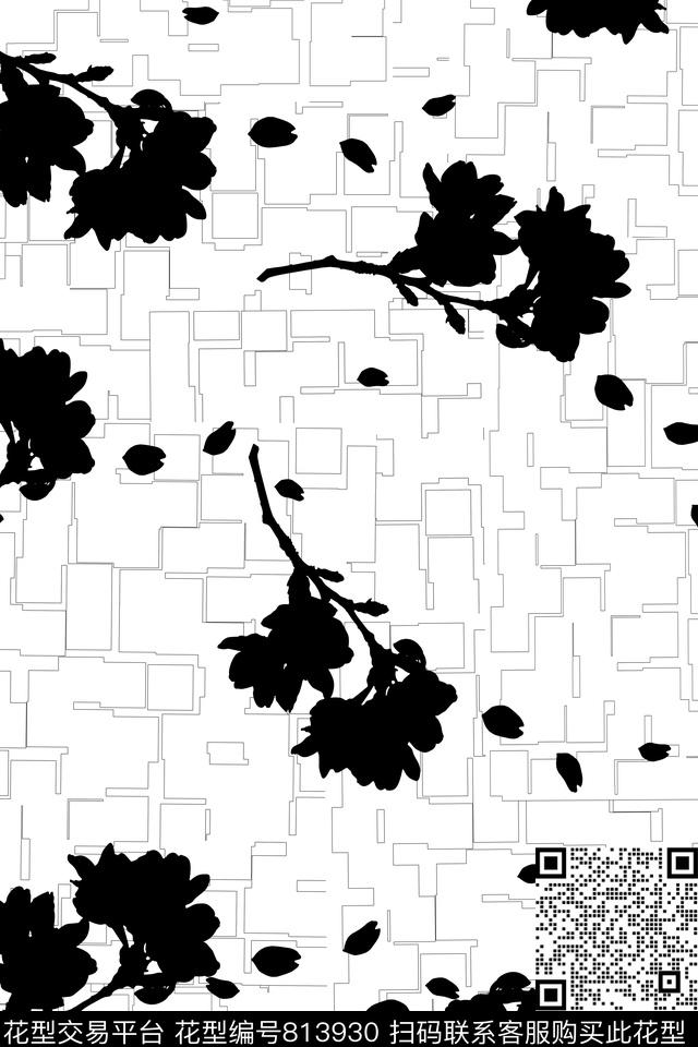 桃花——黑.jpg - 813930 - 大花 花朵 花卉 - 传统印花花型 － 女装花型设计 － 瓦栏